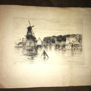 Engraved windmill print CH signed UNKNOWN